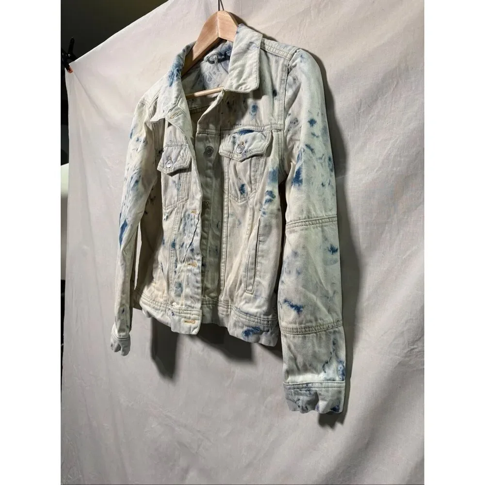 Free People Bleach Wash Denim Jacket Blue White Tie Dye Trucker Jacket Medium
